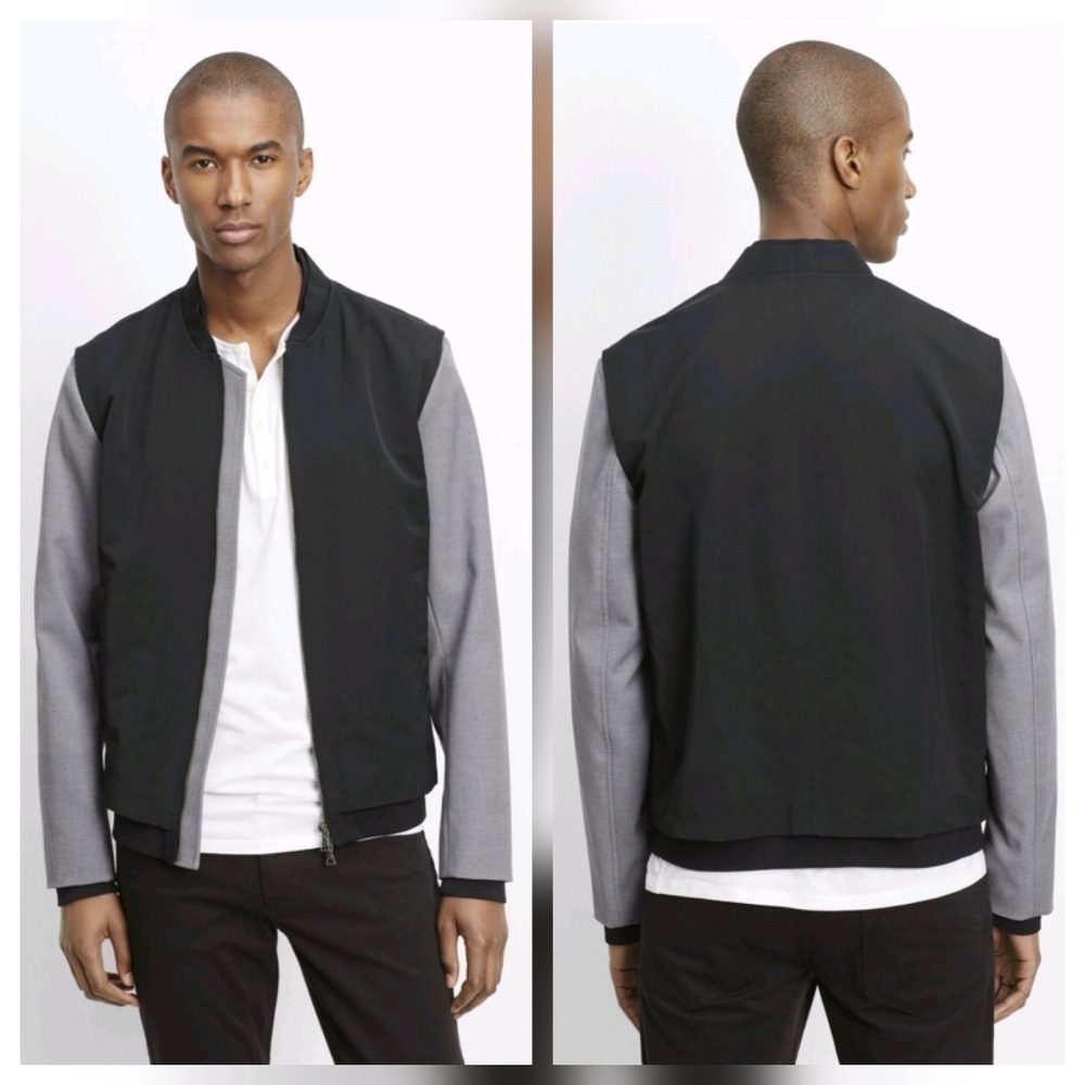 Vince Highline Mixed Media Varsity Bomber Jacket Black Gray XXL
